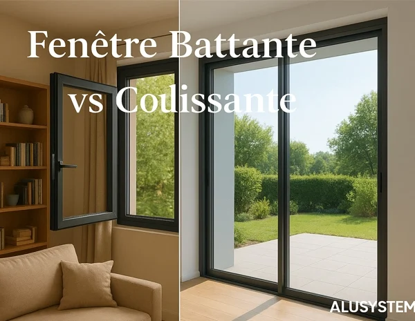 Comparaison visuelle entre une fenêtre battante en aluminium dans un salon et une baie vitrée coulissante en aluminium donnant sur une terrasse, pour aider au choix de sa menuiserie en Tunisie