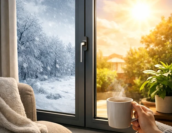 Fenêtre en aluminium à haute isolation thermique assurant le confort d'un salon en Tunisie, avec une vue sur un extérieur froid, illustrant l'efficacité du double vitrage et de la rupture de pont thermique.