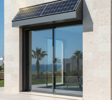 Volet roulant solaire en aluminium sur une façade en Tunisie, illustrant la rentabilité et les économies d'énergie grâce à son panneau photovoltaïque.