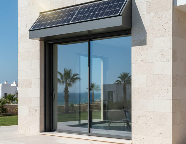 Volet roulant solaire en aluminium sur une façade en Tunisie, illustrant la rentabilité et les économies d'énergie grâce à son panneau photovoltaïque.