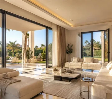 Comparaison visuelle entre une baie vitrée coulissante et une baie vitrée battante en aluminium pour un salon ou une véranda en Tunisie.