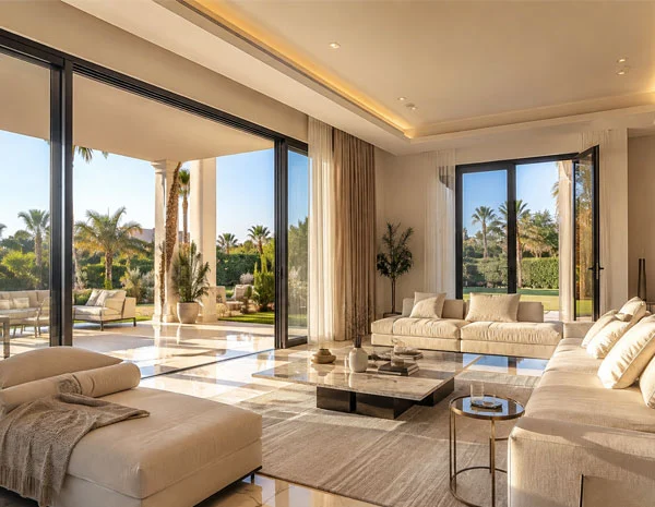 Comparatif Baie Vitrée Coulissante vs Battante | ALU SYSTEM Comparaison visuelle entre une baie vitrée coulissante et une baie vitrée battante en aluminium pour un salon ou une véranda en Tunisie.