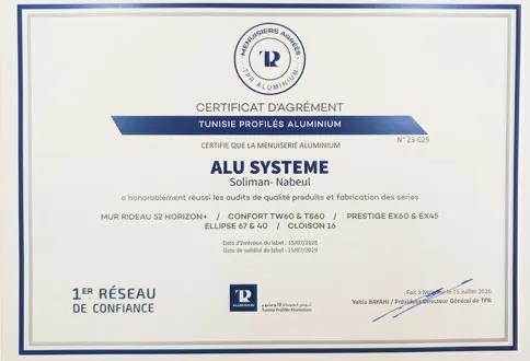 Certificat d'agrément menuisier aluminium TPR ALU SYSTEM, valable jusqu'au 15 juillet 2029