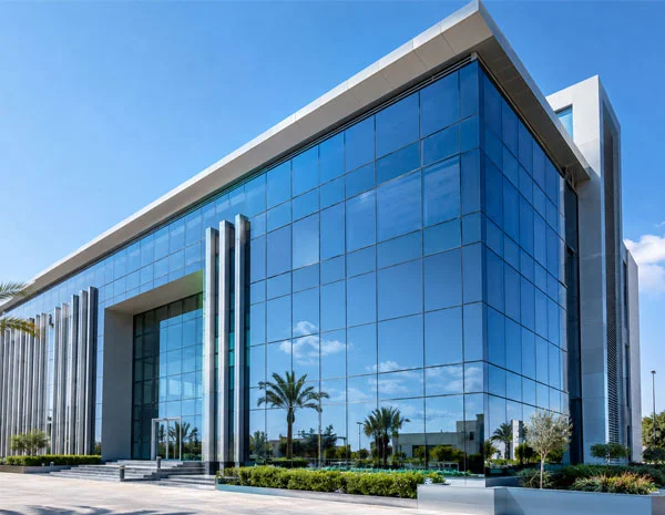 Mur rideau et façade vitrée aluminium par ALUSYSTEM Tunisie Installation professionnelle d'un mur rideau en aluminium sur un bâtiment moderne en Tunisie
